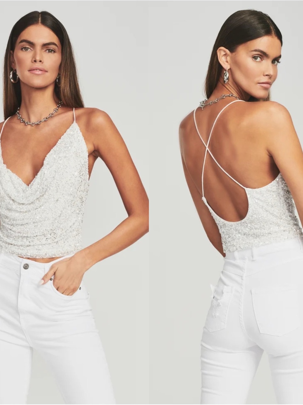 Retrofete Michal Sequin Beaded Top Medium White
